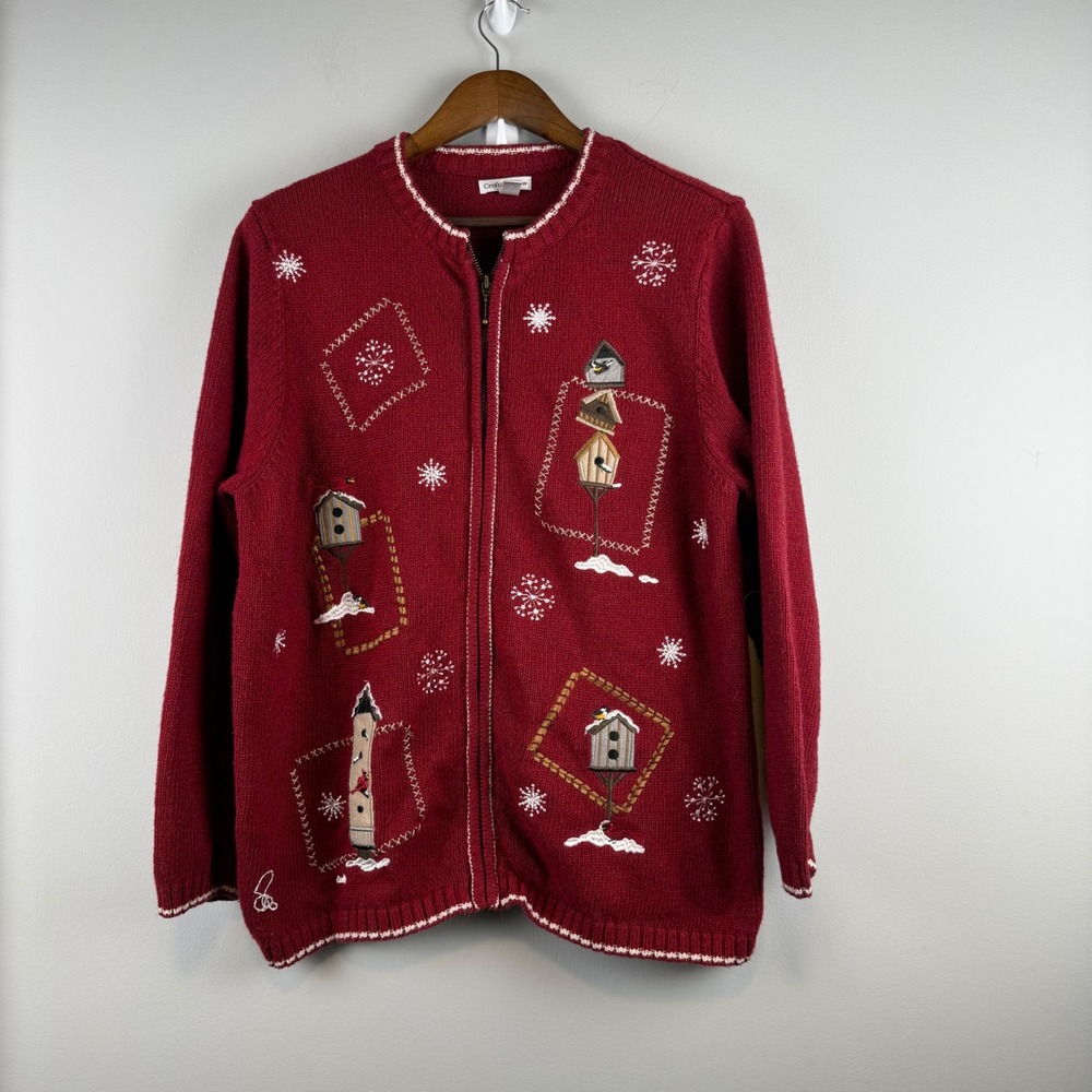 Cardigan Silk Blend Sweater Women 1X Red Birdhouse Snowflake Cottagecore Winter
